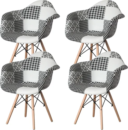 Miniatura 9 de Mid-Century - Juego de 2 sillas de tela moderna con brazos para sala de estar, patas de madera de haya, color blanco y negro