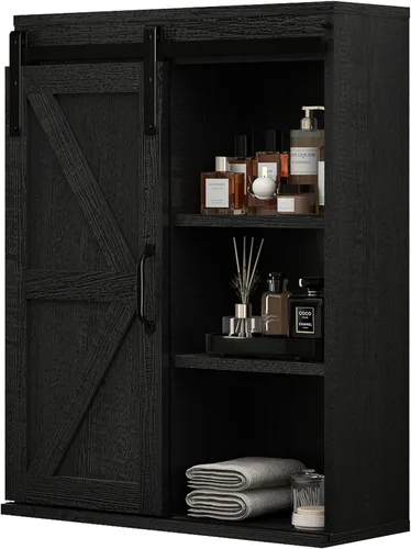 RUSTOWN Armario de baño de madera de granja con puerta corrediza de granero, botiquín rústico con estante ajustable, gabinetes vintage de 3 niveles
