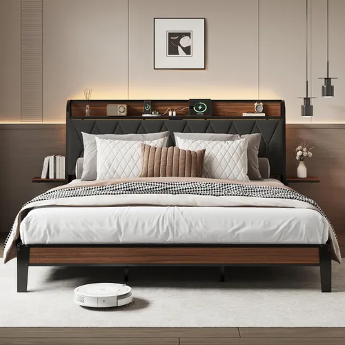 Miniatura 14 de WLIVE Base de cama individual con cabecero, base de cama tapizada con 2 estantes de almacenamiento, cama de plataforma con luces LED y estación