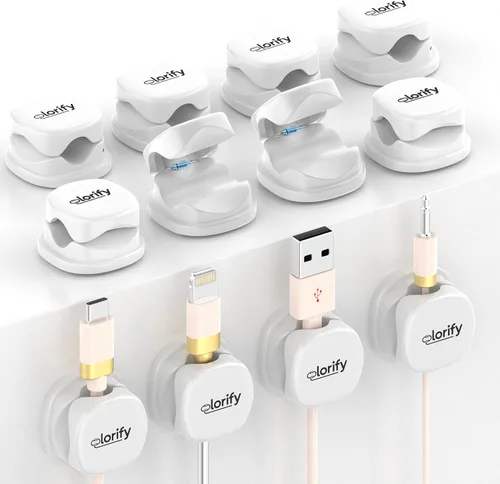 Miniatura 12 de Paquete de 8 clips de resorte para cables [giratorio en 360°, uso con 1 mano], clips adhesivos para cables para mesita de noche, escritorio, pared