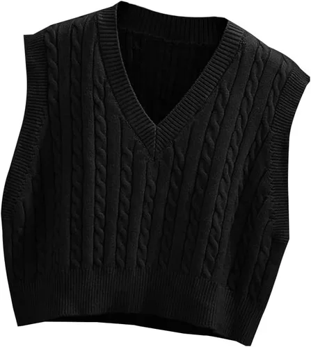 Chaleco de punto con cuello en V para mujer de color liso, a cuadros, estilo preparatoriana, sin mangas, chaleco de punto corto