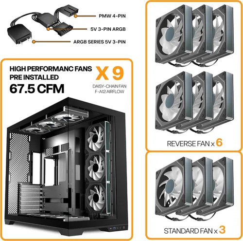 Miniatura 12 de PC CASE 9 PWM ARGB Ventiladores preinstalados, funda de PC para juegos de media torre, carcasa panorámica de vidrio templado para computadora