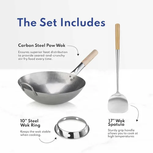 Miniatura 2 de New Star Foodservice Juego de wok de acero al carbono, fondo redondo de 14 pulgadas, martillado a mano con mango auxiliar de madera y acero, incluye