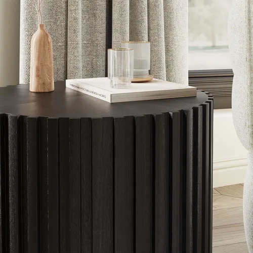 Miniatura 4 de POVISON Mesa auxiliar, mesa de centro redonda de madera, mesa auxiliar moderna para sala de estar, mesa de centro acanalada, color negro, totalmente
