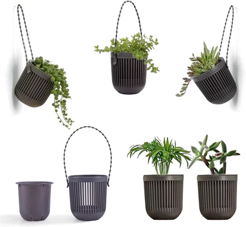 Melphoe Mini macetas colgantes para suculentas, drenaje perfecto, asa de cabestrillo, ideal para decoración de interiores y exteriores, color negro