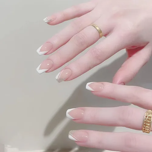 Miniatura 16 de 24 piezas de uñas postizas acrílicas de punta francesa, uñas de cobertura completa para mujeres, arte de salón en casa