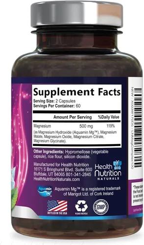 Miniatura 9 de Complejo de magnesio de 500 mg por porción – Cápsulas de polvo de magnesio de absorción máxima para músculos, nervios, huesos y corazón, complejo