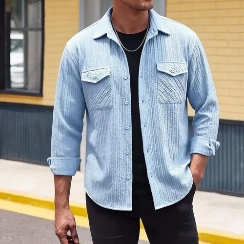 Miniatura 3 de Camisas con botones para hombre, casual, de manga larga, con cuello jacquard, texturizada, ligera, sobrecamisa, sobrecamisa