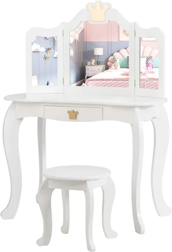 Miniatura 12 de Costzon Juego de Mesa y Silla de Tocador para Niños, Mesa de Maquillaje Princesa con Cajón y Espejo de Tres Pliegues, Juego de Tocador 2 en 1