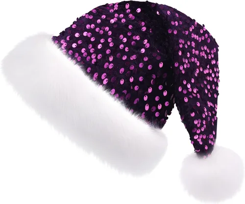 Miniatura 9 de Sombrero de Navidad Morado para Adultos, Sombrero de Papá Noel con Lentejuelas Moradas Personalizado Súper para Navidad Vacaciones Fiesta de Año
