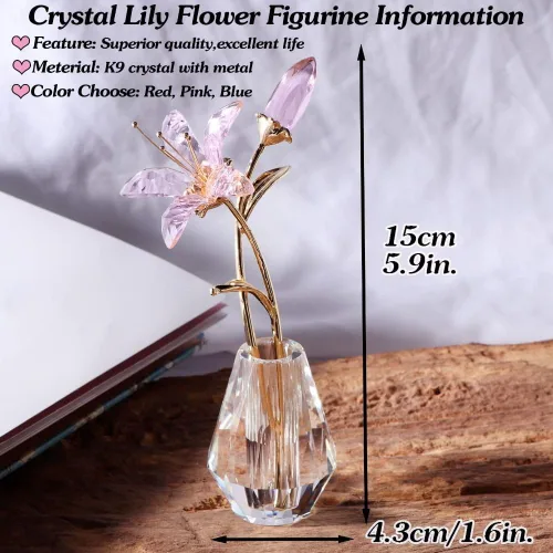 Miniatura 7 de Flores de lirio de tigre de cristal con jarrón de cristal, tallo de metal, lirio rosa, regalos coleccionables para mujeres, figuras florales