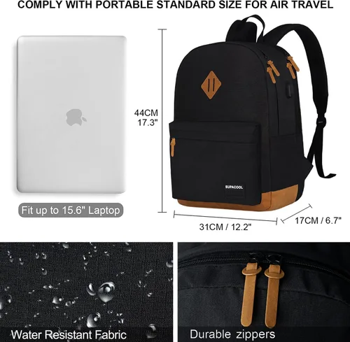 Miniatura 5 de SUPACOOL Mochila ligera para laptop con puerto de carga USB para hombres y mujeres, mochila de doble capa para la universidad, trabajo, viajes