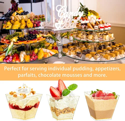 Miniatura 6 de Mini tazas de postre con purpurina dorada de 3.5 onzas con cucharas, paquete de 50 tazas de postre de plástico dorado para postres pequeños