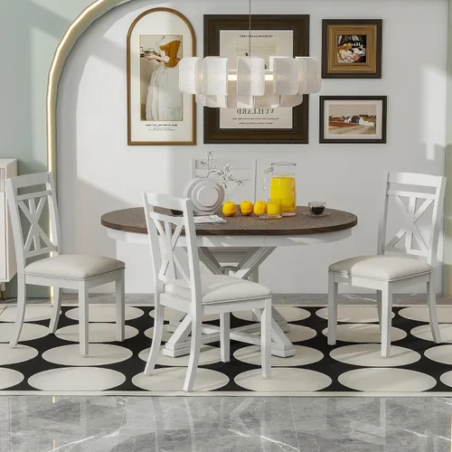 Miniatura 12 de Merax - Juego de mesa de comedor redonda extensible para 4-6, juego de mesa de cocina de granja con 4 sillas tapizadas y hojas extraíbles
