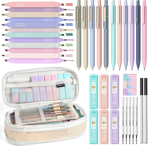 Miniatura 12 de Nicpro Juego de 50 artículos escolares con estuche para lápices, 6 bolígrafos de gel y recargas, 12 resaltadores, 6 lápices mecánicos artísticos, 12