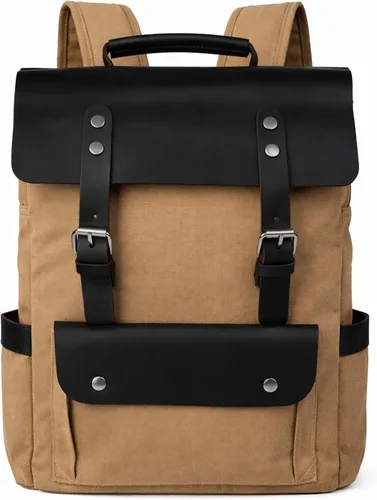 Miniatura 10 de Mochila de lona vintage con cuero de vaca de grano superior, bolsa de trabajo para portátiles de 16 pulgadas, Verde militar, Mochilas de viaje