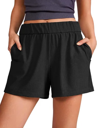 CRZ YOGA Cómodos pantalones cortos acanalados para mujer, de cintura alta, lyocell, casual, para descansar, atléticos, con bolsillos
