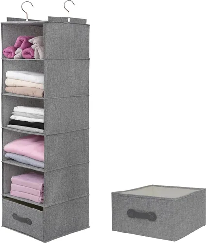 Miniatura 10 de Organizador colgante grande de suéter para armario, estantes colgantes plegables de 6 estantes con cajones, lavable (beige, 6 estantes)
