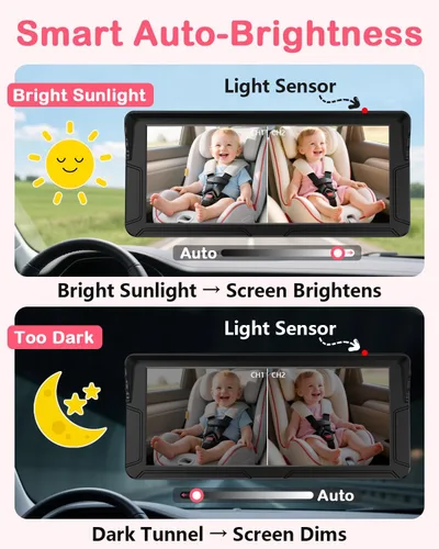 Miniatura 3 de Rohent Cámara dual para automóvil de bebé para 2 niños: pantalla dividida HD de 6.9 pulgadas con brillo automático Cámara de asiento trasero