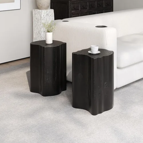 Miniatura 32 de Juego de 2 mesas auxiliares anidables para sala de estar, juego de mesa auxiliar redonda moderno, mesa auxiliar circular de madera y muebles Negro