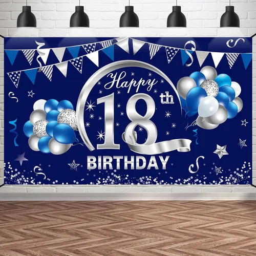 Cartel de cumpleaños número 18 azul y plateado para hombres y niños, suministros de fiesta de telón de fondo de feliz cumpleaños de 18 años, póster