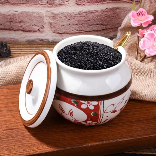 Miniatura 2 de Azucarero de cerámica de estilo japonés con tapa y cuchara, tarro decorativo de condimentos pintado a mano de 4.3 pulgadas para sal, especias