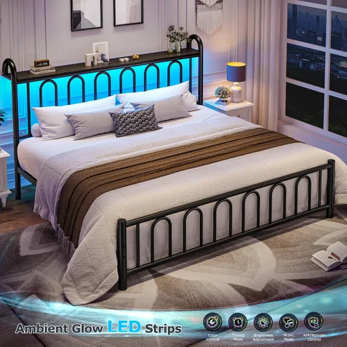 Miniatura 5 de Homkdom Base de cama tamaño King con cabecera de almacenamiento, marco de cama de metal clásico con luces LED y almacenamiento debajo de la cama