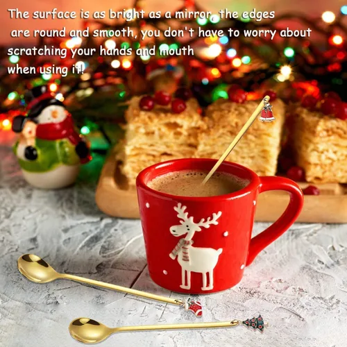 Miniatura 6 de AKOAK 6 unids/set de cuchara de acero inoxidable de Navidad Set creativo café chapado en oro, cuchara de postre cuchara mezcladora de cocina casera