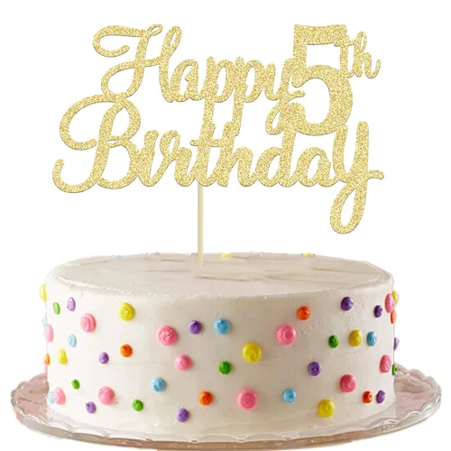 Gyufise 1 unidad Decoración de pastel de feliz 5 cumpleaños con purpurina, adorno de pastel de feliz 5 cumpleaños, felicitaciones a los 5 años,