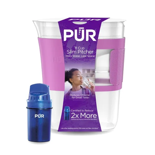 PUR Jarra de filtro de agua delgada, capacidad de 8 tazas, diseño compacto para dormitorios y mini refrigeradores, apta para lavavajillas, Violeta