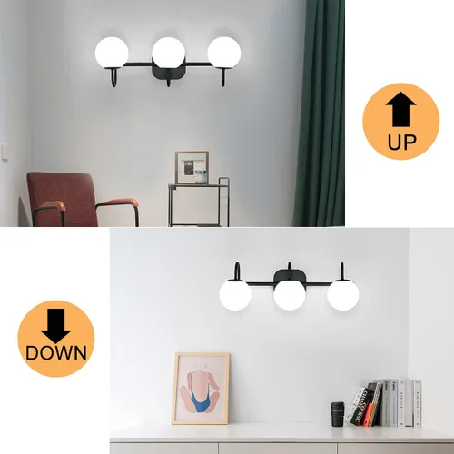 Miniatura 3 de Moderna lámpara negra para tocador de baño, accesorios de iluminación de 3 luces, marco y pantalla de globo de vidrio blanco leche, aplique de pared