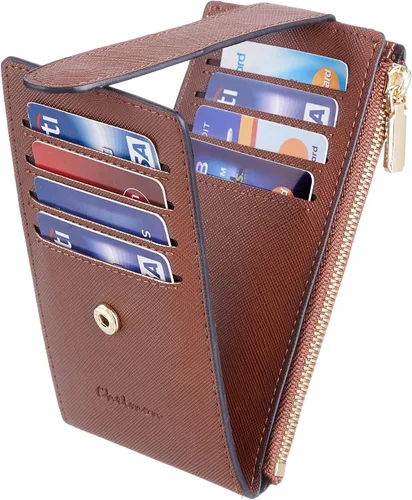 Miniatura 6 de Chelmon Billetera delgada para mujer, con bloqueo RFID, plegable, con bolsillo con cremallera, Marrón intenso, Minimalista