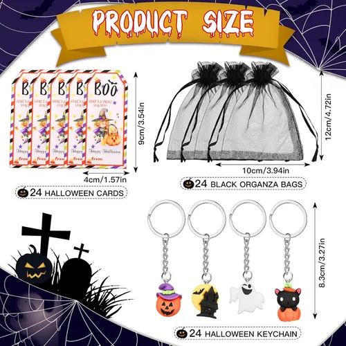 Miniatura 2 de Huquary 72 piezas de regalos de Halloween, juego de 24 regalos de Halloween para estudiantes, 24 llaveros de Halloween, llavero de calabaza