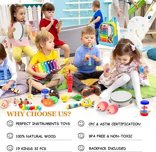 Miniatura 3 de Juego de instrumentos musicales para niños pequeños, 32 piezas, 19 tipos de instrumentos de percusión de madera, juguetes para niños que juegan