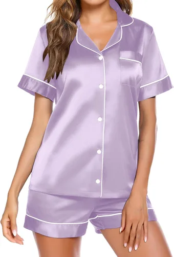 Ekouaer Pijama de satén para mujer, con botones, ropa de dormir de suave tacto sedoso, para descansar en casa, camiseta de manga corta y pantalones