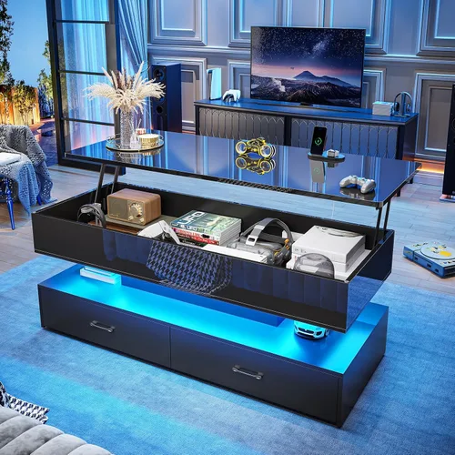 Miniatura 15 de SEDETA Mesa de centro elevable de 40 pulgadas, mesas de centro con almacenamiento para sala de estar, mesa de centro pequeña con 2 cajones y luz LED