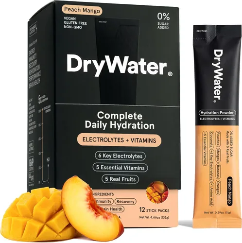 Miniatura 10 de DryWater® Paquetes de polvo de hidratación de electrolitos + vitaminas, limón de frambuesa (sin estevia), 1,000 mg de potasio, fruta orgánica real