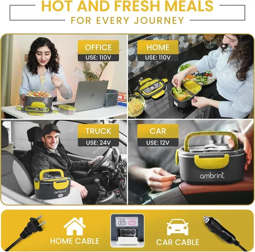 Miniatura 3 de Fiambrera eléctrica de 80 W para adultos – Lonchera térmica y calentador de alimentos portátil con recipiente de acero inoxidable de 1.5 L Gris