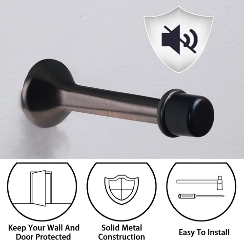 Miniatura 3 de Paquete de 4 topes de puerta rígidos sólidos de 3 pulgadas con punta de goma suave negra, tope de puerta de metal de zinc que protege la pared