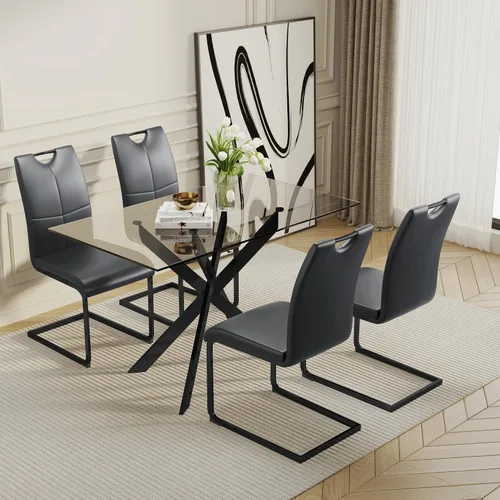 Juego de mesa de comedor de vidrio de 51.18 pulgadas de ancho para 4, mesa de cocina rectangular moderna de vidrio con patas de metal negro, 4