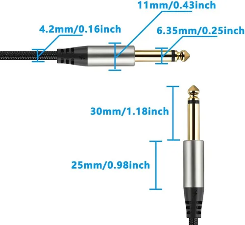Miniatura 4 de Paquete de 2 cables de guitarra de 1/4 de pulgada con conector TS recto de 0.249 in (16 pies-2 unidades)
