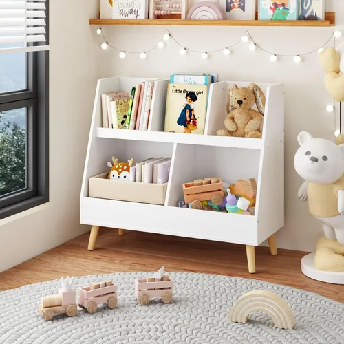 Miniatura 8 de GDFStudio Estantería para niños y organizador de almacenamiento de juguetes, 5 cubículos, estantería abierta de madera con 2 cubos grandes y patas