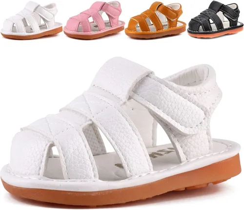 CINDEAR Sandalias chirriantes de verano para niños y niñas, puntera cerrada, antideslizantes, suela de goma premium, zapatos para primeros pasos