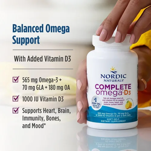 Miniatura 3 de Nordic Naturals Omega-D3 completo, sabor a limón, 120 geles suaves, 565 mg de omega-3 + 70 mg de GLA + 1000 UI de vitamina D3, EPA y DHA, piel