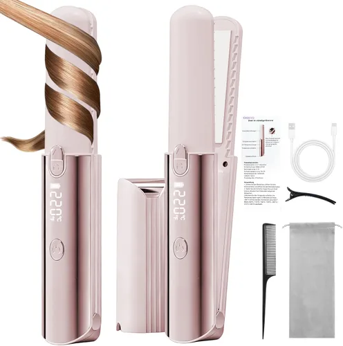 CHIKYO Plancha de pelo inalámbrica 2 en 1, rizador portátil sobre la marcha, banco de energía portátil, 7 temperaturas, pantalla LED, mini plancha