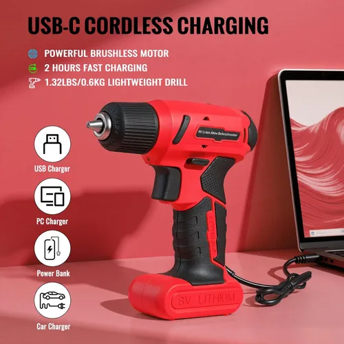 Miniatura 4 de TLGREEN Juego de 101 herramientas y taladros inalámbricos de 8 V, kit de herramientas eléctricas recargables USB-C con motor sin escobillas y carga
