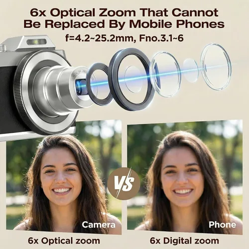 Miniatura 2 de Cámaras digitales de 64MP para fotografía, cámara compacta ORDRO D27 4K, enfoque automático con zoom óptico 6X y antivibración, pantalla abatible