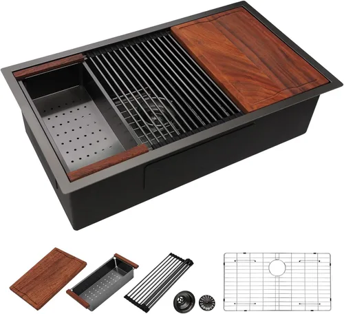 Miniatura 20 de Fregadero Dcolora de 30 Pulgadas para Instalación Bajo Encimera Negro de Acero Inoxidable Fregadero de Cocina Bajo Encimera Estación de Trabajo