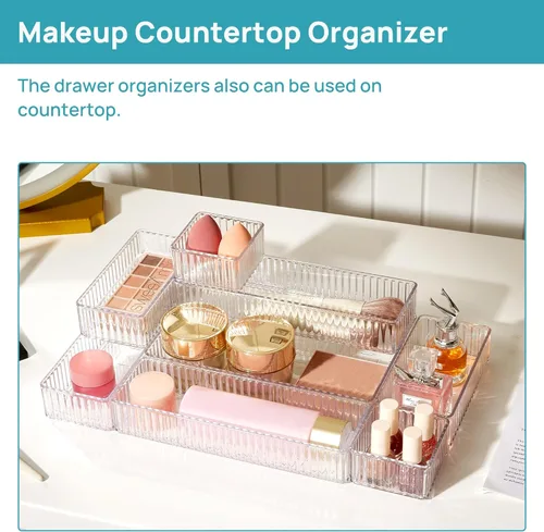 Miniatura 5 de Vtopmart 7 PCS Organizadores de Cajones Transparentes, Bandejas Organizadoras de Cajones de Maquillaje y Tocador Apilables de 4 Tamaños