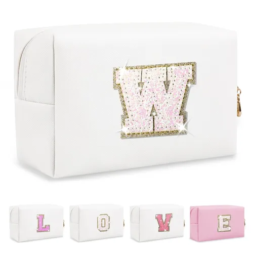Miniatura 45 de Pequeña bolsa de maquillaje personalizada con inicial A-Z Preppy Patch, bolsa de cosméticos de viaje de felpilla blanca con cremallera, bonita bolsa